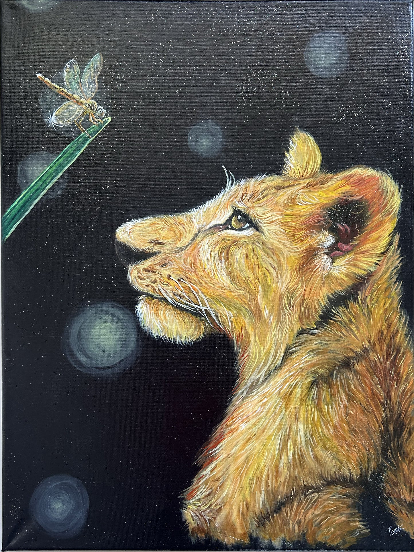 A lion cub oil painting on canvas. 61 x 45.5 x 31.8 cm